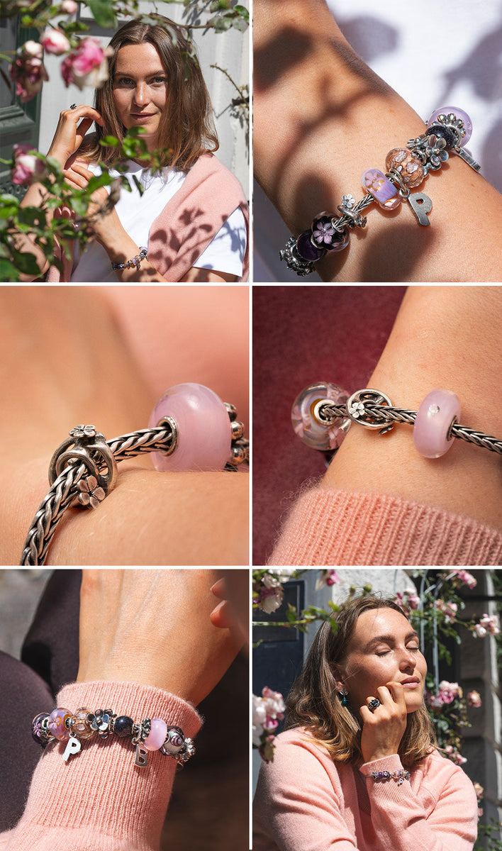 Trollbeads billedegalleri med model der bære hanami kuglen på sine smykker