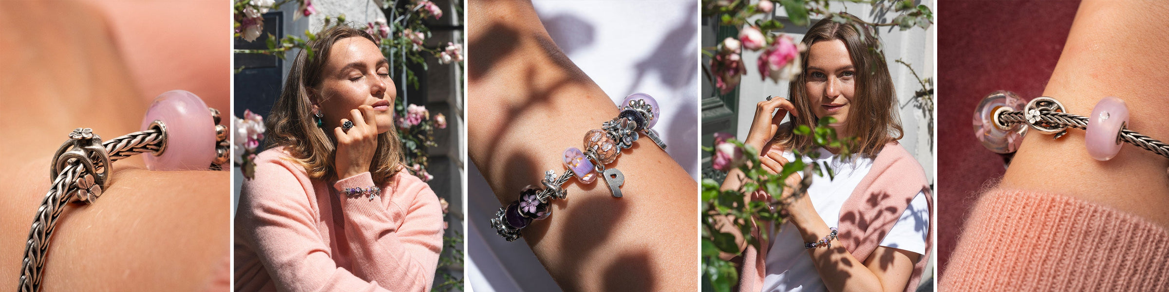 Trollbeads billedegalleri med model der bærer hanami kuglen på sine smykker