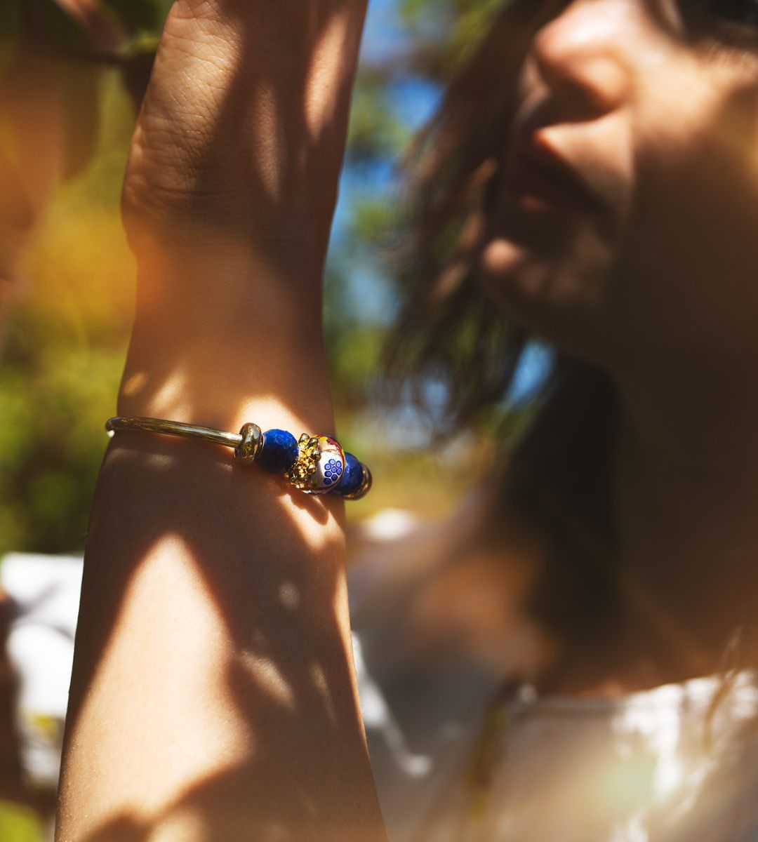 Model wearing bangle with beads