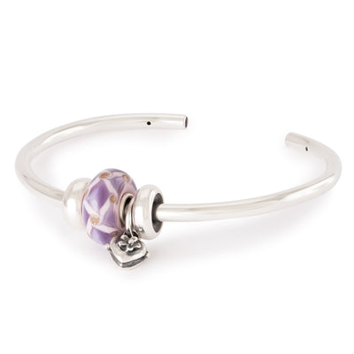 Valentines' Heart Blossom Bangle with purple glass bead and silver heart tassel